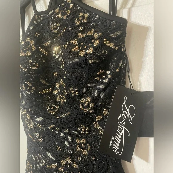 LA FEMME Black Beaded Lace High Neck Formal Gown